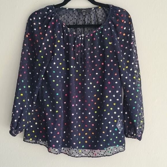 J. Crew Women's Blouse Whimsical BluePolkaDot Size 2XS Lite, Air Chiffon Sleeves - Picture 5 of 11